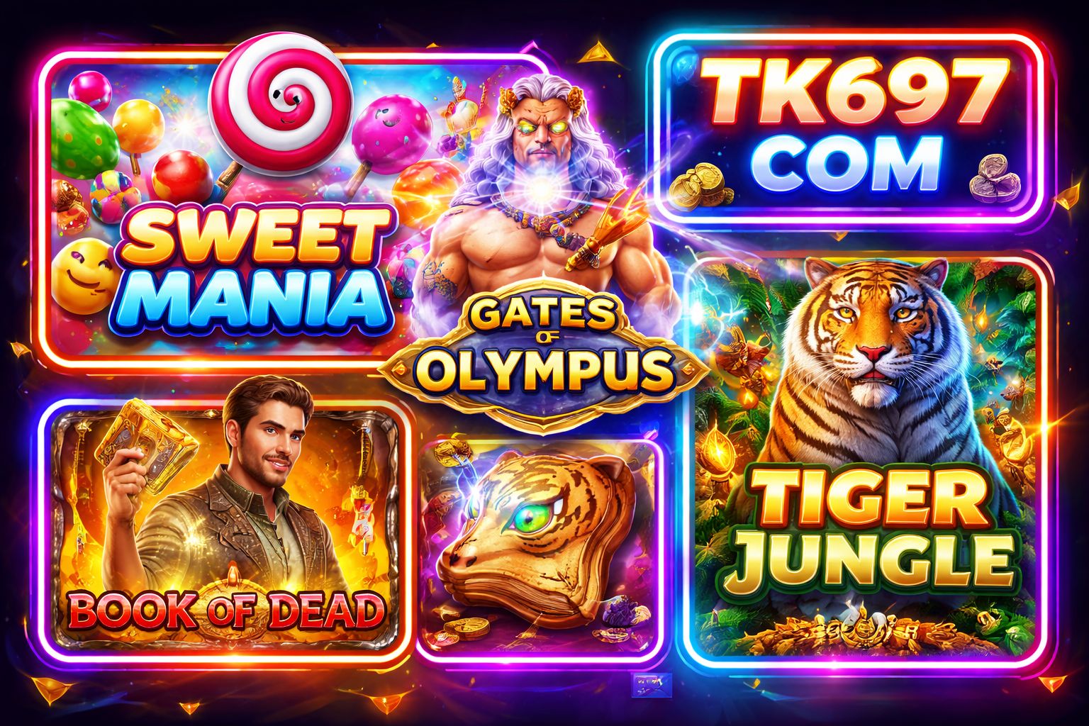 TK697 COM slot lobby with popular game thumbnails and neon glow