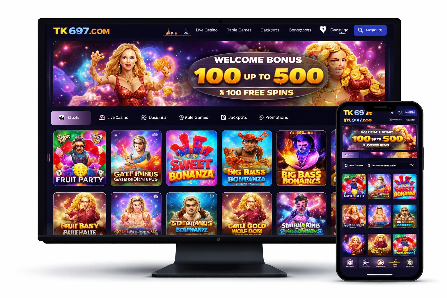 TK697 COM slot game interface showing popular titles and bonus features